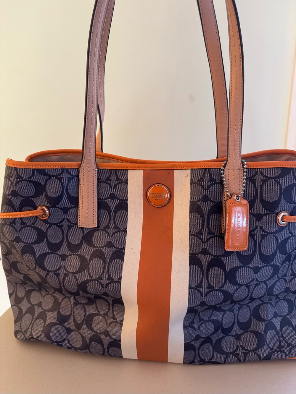 Coach Navy Signature Tote with Orange and Cream Center Stripe and Tan Handles